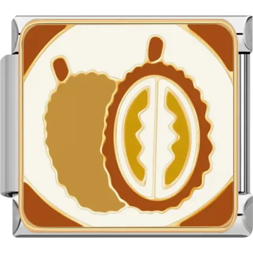 Whole and sliced durian with spiked shell and yellow flesh on a cream and brown background Italian charm bracelet link