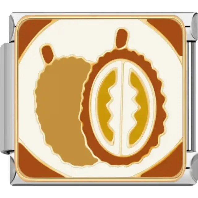 Whole and sliced durian with spiked shell and yellow flesh on a cream and brown background Italian charm bracelet link