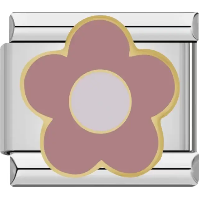 Dusty pink flower with a white center and gold outline Italian charm bracelet link