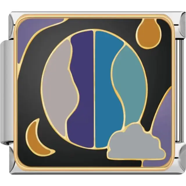 Multicolored Earth with crescent moon cloud raindrop and sun accents on black background Italian charm bracelet link