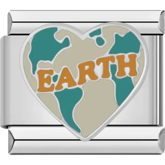 Heart-shaped Earth with turquoise oceans beige continents and orange "EARTH" text Italian charm bracelet link