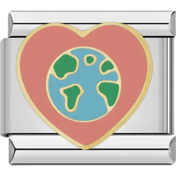 Blue and green Earth design inside a pink heart with gold outlines Italian charm bracelet link