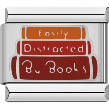 Three stacked books in orange and red with "Easily Distracted by Books" text Italian charm bracelet link