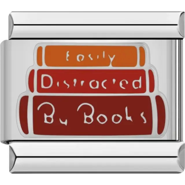 Three stacked books in orange and red with "Easily Distracted by Books" text Italian charm bracelet link