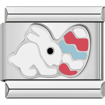 White bunny with a colorful decorative egg design Italian charm bracelet link