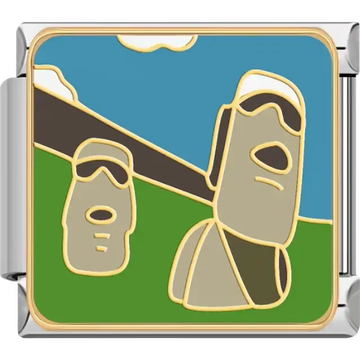 Iconic Easter Island Moai statues on green grass with a blue sky and white clouds Italian charm bracelet link