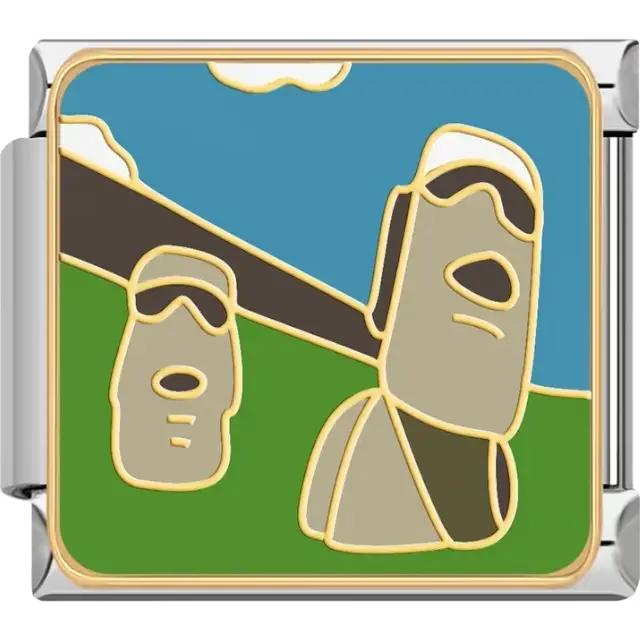 Iconic Easter Island Moai statues on green grass with a blue sky and white clouds Italian charm bracelet link