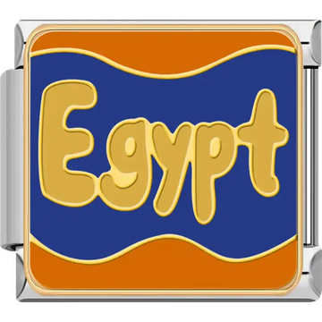 Bold gold “Egypt” text on a wavy blue and orange background inspired by ancient Egypt and mythology Italian charm bracelet link