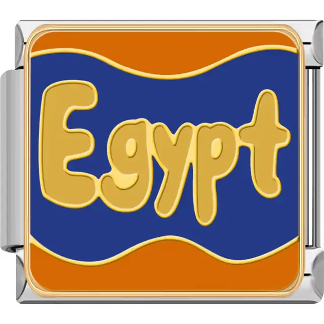 Bold gold “Egypt” text on a wavy blue and orange background inspired by ancient Egypt and mythology Italian charm bracelet link