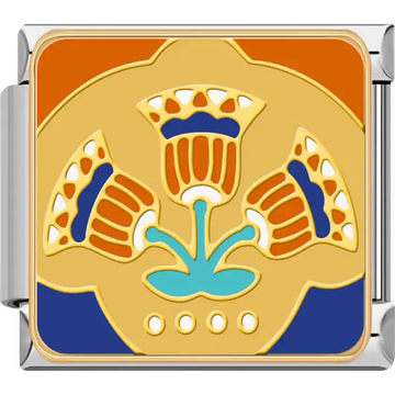 Ancient Egyptian lotus flower with three orange and blue blooms on a gold background symbolizing creation and rebirth in mythology Italian charm bracelet link