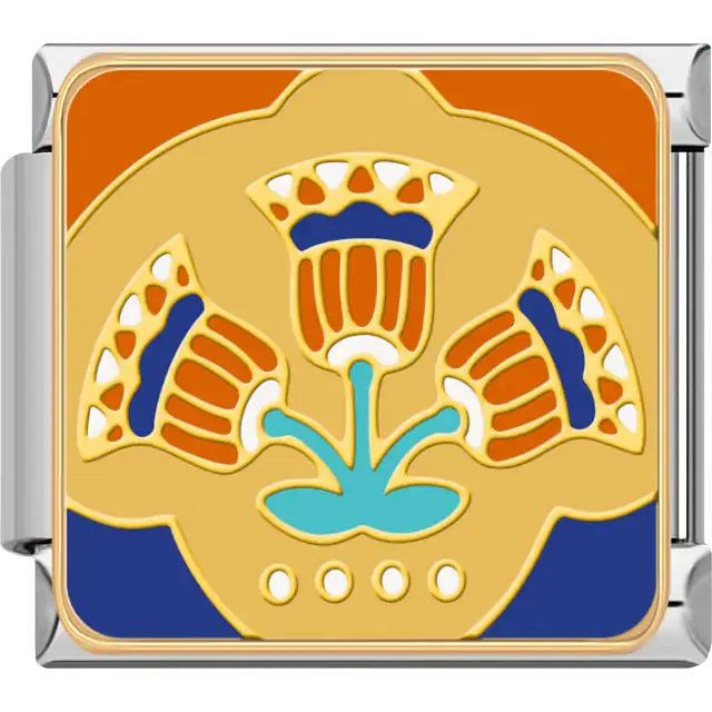 Ancient Egyptian lotus flower with three orange and blue blooms on a gold background symbolizing creation and rebirth in mythology Italian charm bracelet link