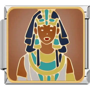 Portrait of an Egyptian queen with a blue and gold headdress on a brown background Italian charm bracelet link