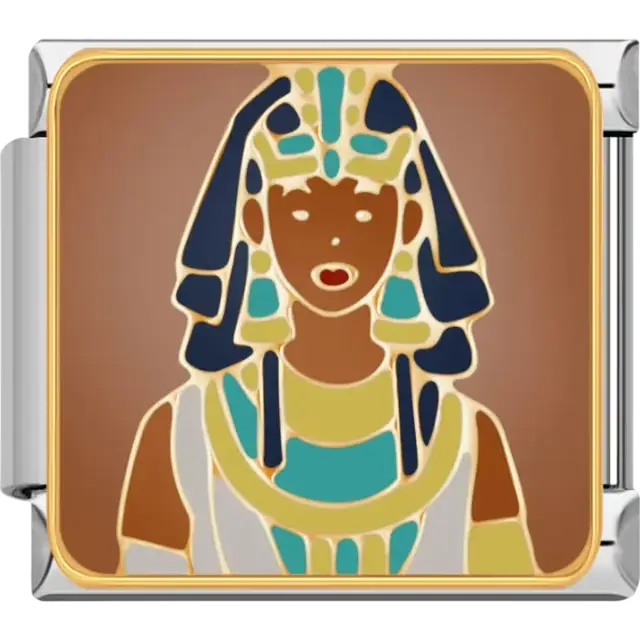 Portrait of an Egyptian queen with a blue and gold headdress on a brown background Italian charm bracelet link
