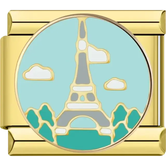 Eiffel Tower design with clouds and trees on a light blue background Italian charm bracelet link
