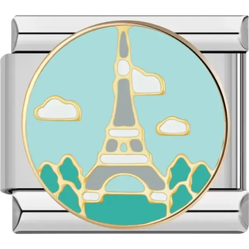 Eiffel Tower design with clouds and trees on a light blue background Italian charm bracelet link