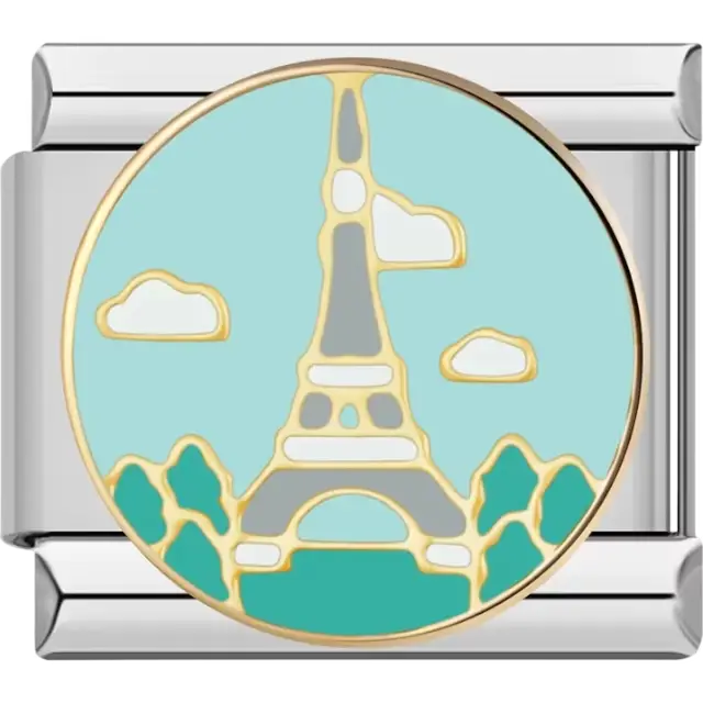 Eiffel Tower design with clouds and trees on a light blue background Italian charm bracelet link