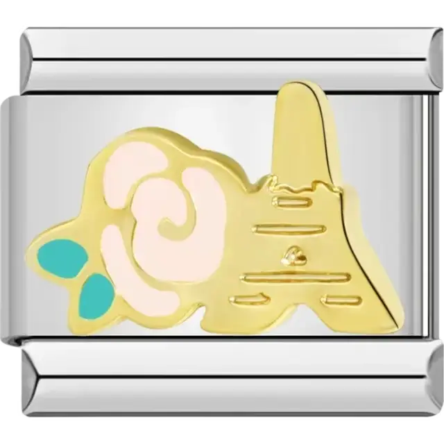 Gold Eiffel Tower design with a pink rose and turquoise leaf accents Italian charm bracelet link