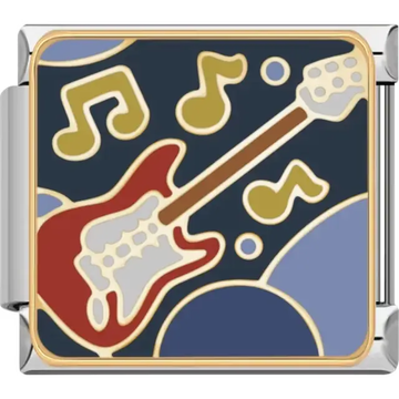Electric guitar design in red and beige with brown detailing, surrounded by gold musical notes Italian charm bracelet link