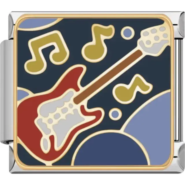 Electric guitar design in red and beige with brown detailing, surrounded by gold musical notes Italian charm bracelet link