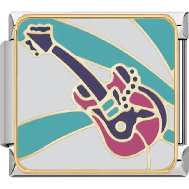 Electric guitar design in purple, pink, and teal with gold outlines Italian charm bracelet link