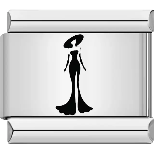 Black elegant silhouette of a woman in a gown and wide-brimmed hat Italian charm bracelet link