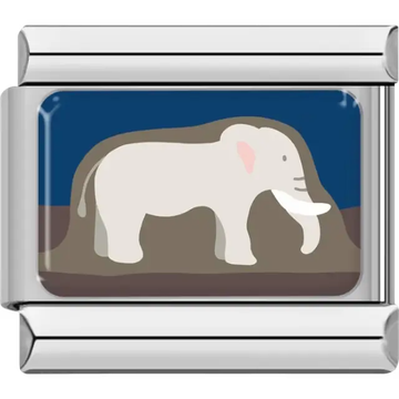 Gray elephant with white tusks on a brown hill and dark blue background Italian charm bracelet link