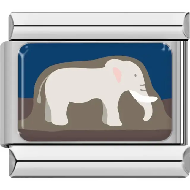 Gray elephant with white tusks on a brown hill and dark blue background Italian charm bracelet link