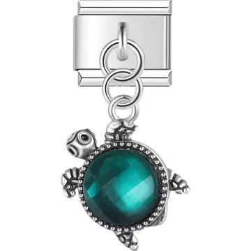 Emerald green turtle design with silver accents Italian charm bracelet link