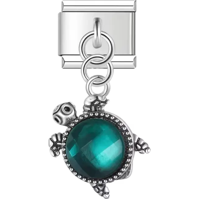 Emerald green turtle design with silver accents Italian charm bracelet link