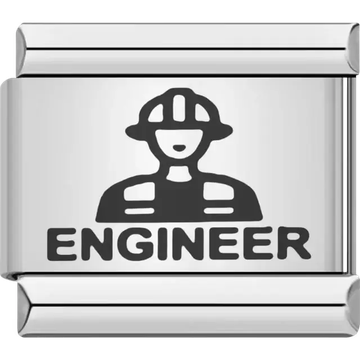 Black engineer figure with safety helmet above bold "ENGINEER" text Italian charm bracelet link