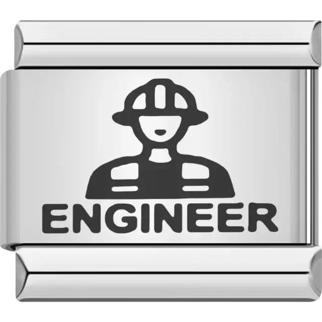 Black engineer figure with safety helmet above bold "ENGINEER" text Italian charm bracelet link