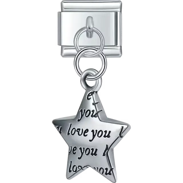 Dangle star with "I love you" engraving Italian charm bracelet link