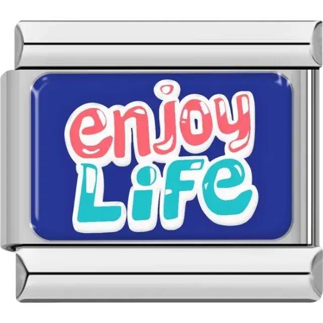 Red and teal words "Enjoy Life" on blue background Italian charm bracelet link