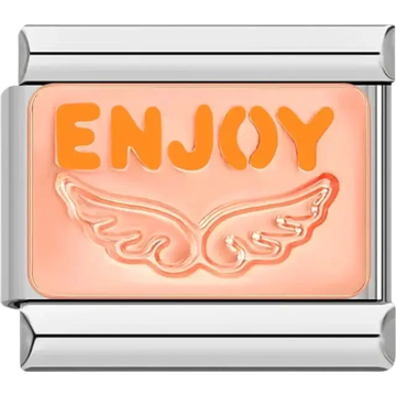 “ENJOY” text in orange with wing symbol on a peach-toned background Italian charm bracelet link