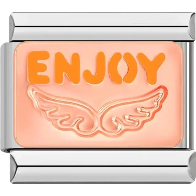 “ENJOY” text in orange with wing symbol on a peach-toned background Italian charm bracelet link