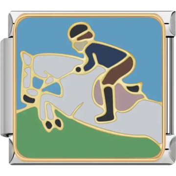 Gold and white horse with rider in blue and brown gear on a green and blue background Italian charm bracelet link