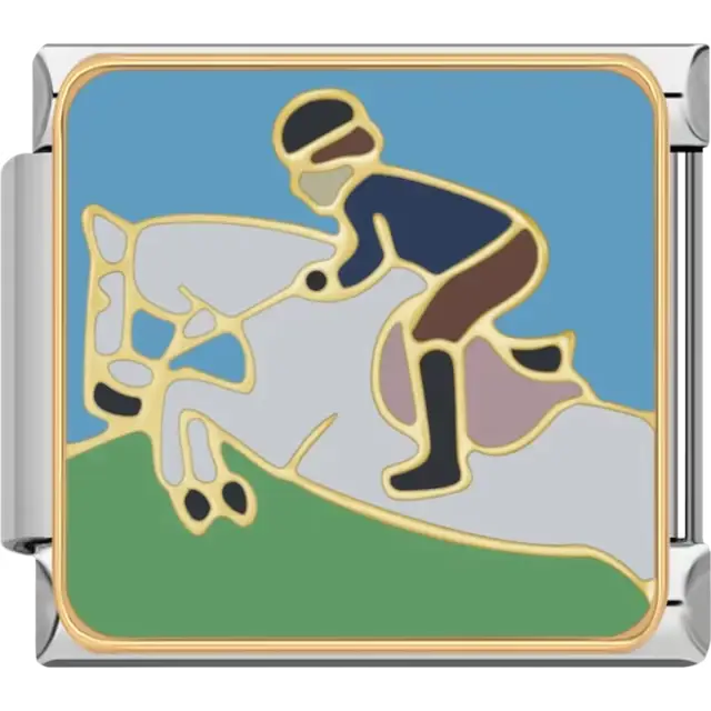 Gold and white horse with rider in blue and brown gear on a green and blue background Italian charm bracelet link