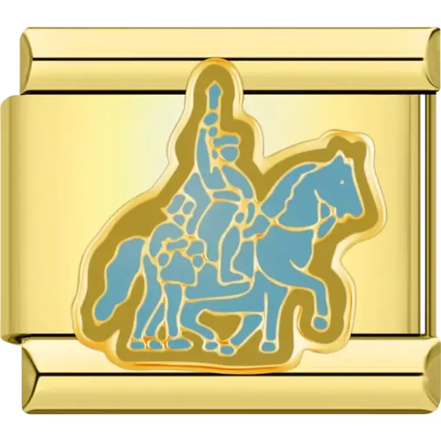 Gold equestrian statue with blue details Italian charm bracelet link