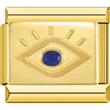 Gold evil eye design with a blue gemstone center Italian charm bracelet link