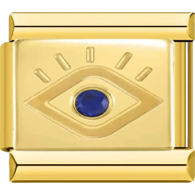 Gold evil eye design with a blue gemstone center Italian charm bracelet link