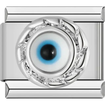 Silver round charm with a central evil eye design featuring black, white, and blue accents on a rectangular Italian charm bracelet link