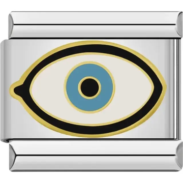 Evil eye charm with gold, black, white, and blue details Italian charm bracelet link