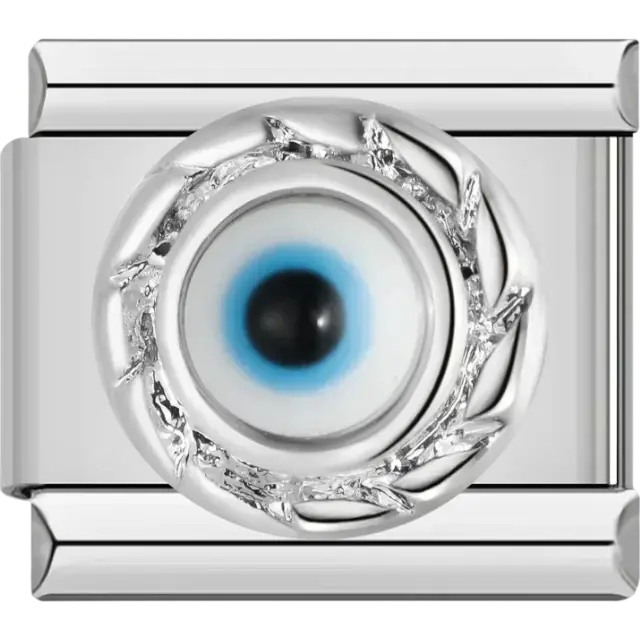 Silver round charm with a central evil eye design featuring black, white, and blue accents on a rectangular Italian charm bracelet link