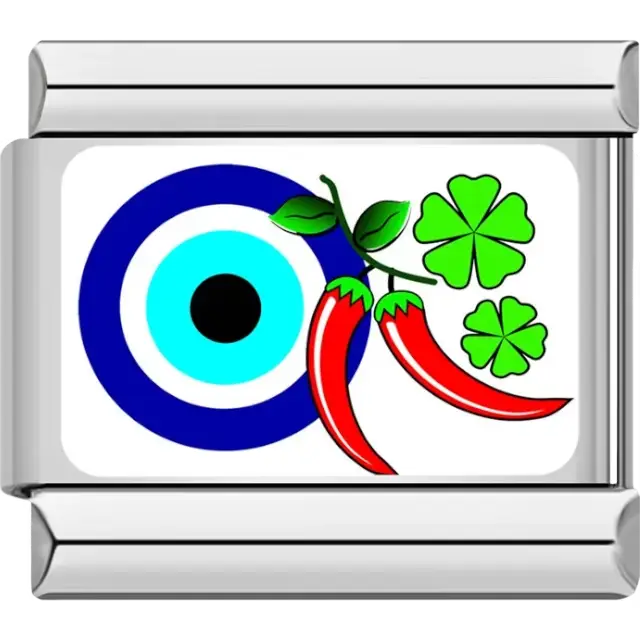 Blue evil eye with red chili peppers and green clovers design Italian charm bracelet link