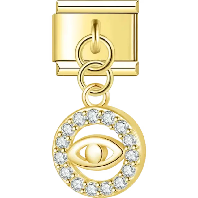 Dangling evil eye with crystal-encrusted circular frame Italian charm bracelet link