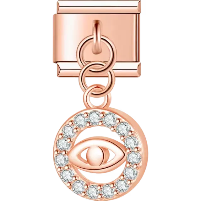 Dangling evil eye with crystal-encrusted circular frame Italian charm bracelet link
