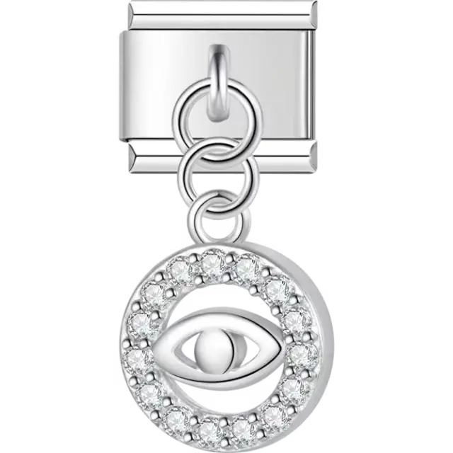 Dangling evil eye with crystal-encrusted circular frame Italian charm bracelet link
