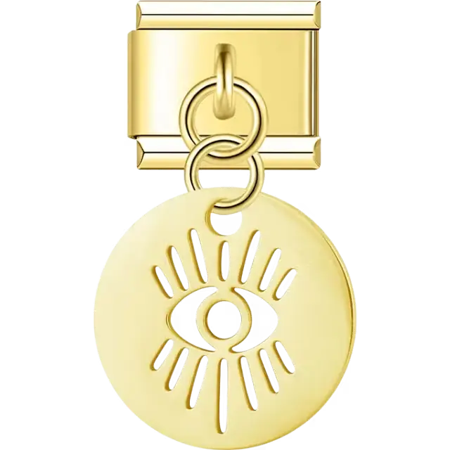 Round disc with evil eye cutout design on dangle medal Italian charm bracelet link