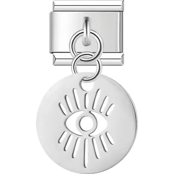 Round disc with evil eye cutout design on dangle medal Italian charm bracelet link