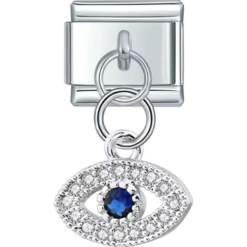 Evil eye design with a blue gemstone center and crystal accents Italian charm bracelet link